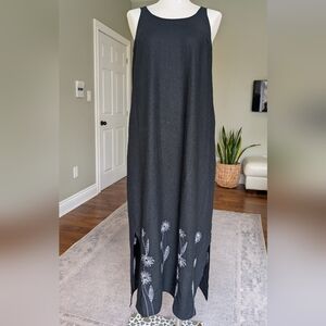 Vintage Bantry Bay Canada Linen Rayon Black Maxi Dress Embroidered Floral Size L